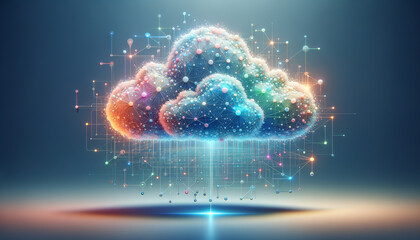 Sleek, minimalist cloud computing concept with interconnected nodes and data streams.