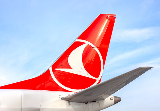 Istanbul, Avcilar - Turkey - 12.22.2023: Turkish Airlines Plane, Trademark on tail.
