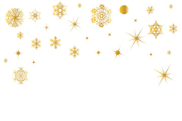 Gold snowflakes falling on white background. Golden snowflakes border. Luxury Christmas garland. Winter ornament for packaging, cards, invitations