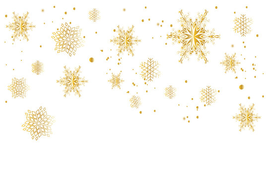 Gold snowflakes falling on white background. Golden snowflakes border. Luxury Christmas garland. Winter ornament for packaging, cards, invitations