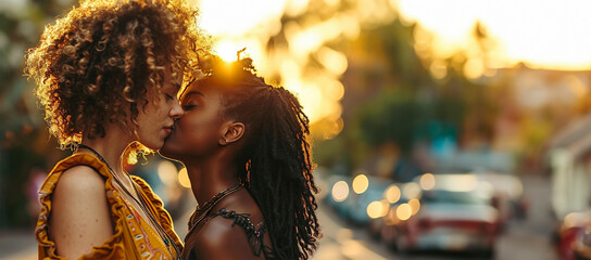 Two young lesbian woman from different ethnicities Mixed race lesbian love concept. Two young positive girls of different ethnics kissing in love. Romantic proud queer concept