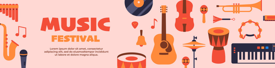 Naklejka premium Music Festival modern banner. Music instruments banner.