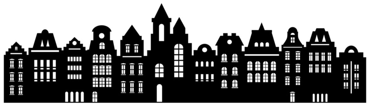 Urban Abstract background. Set of Amsterdam style houses. Laser cut silhouette. Stylized facades of buildings in old European view. 