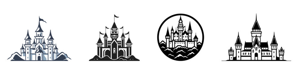Vector medieval castles icon, detailed logo set isolated on white background.