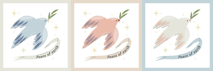 Concept for world peace day postcard with dove branch. Poster with symbol, no war, world day of peace, equality and love.international peace day pigeon with branch leaves white background. set