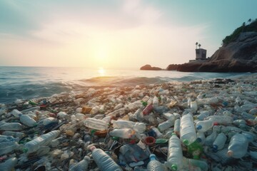 Plastic waste on the beach at sunset. Pollution concept. - obrazy, fototapety, plakaty