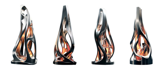 Set futuristic abstract metal sculptures or cups, modern metal sculpture, polished steel plinth, concepts isolated on transparent png background