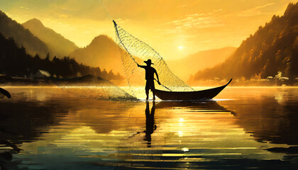 Net Fishing at Sunset