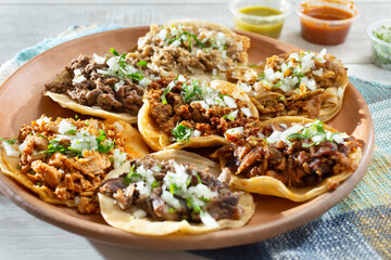 A view of a variety of street tacos on a plate.