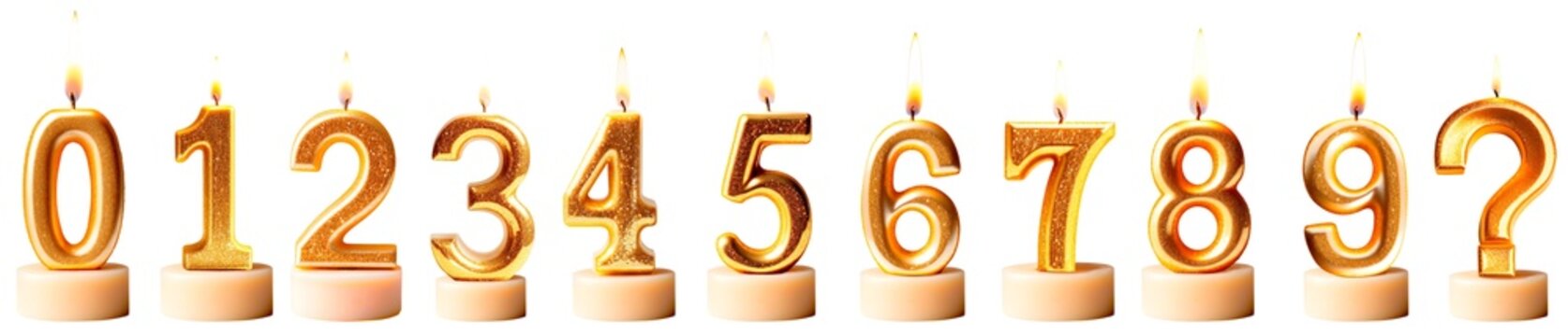 Conjunto de Velas douradas n&uacute;meros: 0, 1, 2, 3, 4, 5, 6, 7, 8, 9 e ponto de interroga&ccedil;&atilde;o com base redonda, isolado, em fundo transparente.