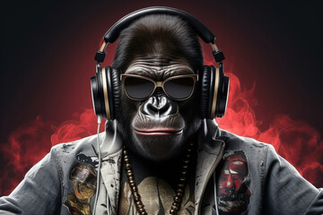 Gorilla with headphones and sunglasses