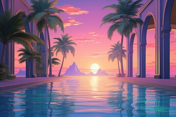 Retrofuturistic Sunset at a Beachside Pool with Palm Trees