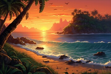 Tropical Cove at Sunset with Palms and Distant Cityscape