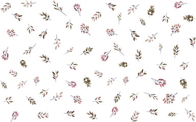 Floral wallpaper. Tender watercolor branches with leaves on white background, seamless pattern