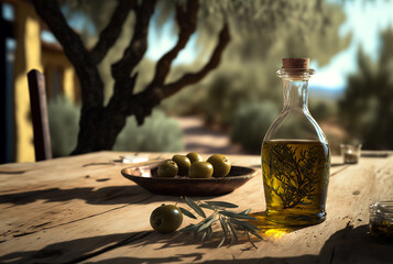 Olive oil on the table. Generative AI, - obrazy, fototapety, plakaty