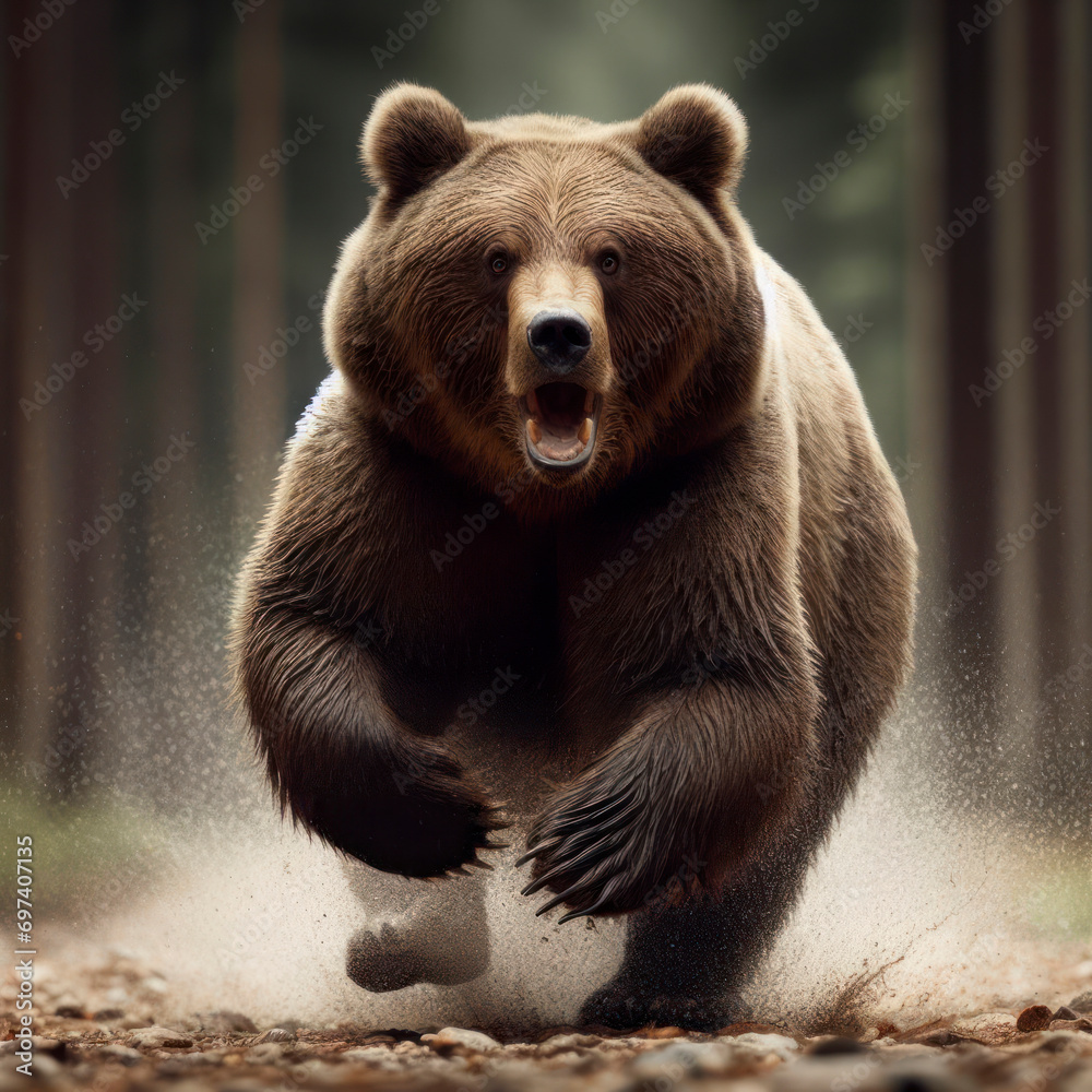 Canvas Prints angry running grizzly bear in the forest. ai generative