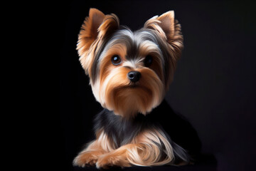 a Yorkshire Terrier dog isolated on black background. ai generative