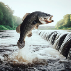 Fototapeta premium Black Bass Fish Jumping Out of River. ai generative