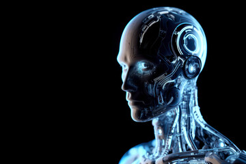 glowing a humanoid cyborg robot on black background. ai generative