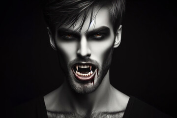 Portrait of a vampire with teeth on a black background. ai generative - obrazy, fototapety, plakaty