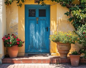 Fototapeta na wymiar Inviting Blue Front Entrance: Home Exterior with Flower Pots and Architectural Details