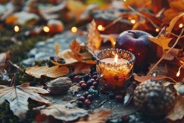 Mabon Sabbat Altar: Autumnal Equinox Witchcraft Ritual with Festive Elements and Crystals in Forest - obrazy, fototapety, plakaty