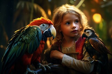 Child plays pirate with a colorful parrot in the vibrant jungles