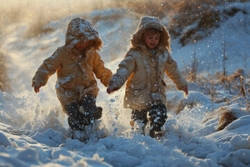 Kids are playing in the snow field together happy christmas merry xmas day - obrazy, fototapety, plakaty