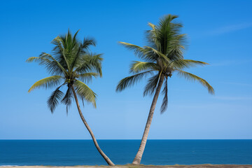 Two palm trees with a blue sky in the background, ai generated