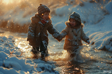 Kids are playing in the snow field together happy christmas merry xmas day - obrazy, fototapety, plakaty