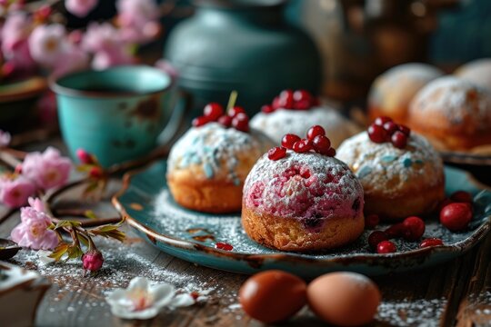 festive Easter scene with cakes and eggs set against the backdrop of a charming church