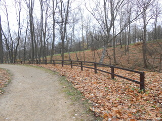vintage wooden fence and path in autumn park