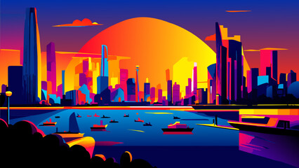 A city's vibrant waterfront. vektor icon illustation