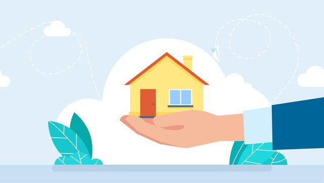Cartoon hand holding the house mortgage loan. Real estate agent gives home. Rent housing banner template. Hand holding house. 2f flat animation. Bright Cartoon