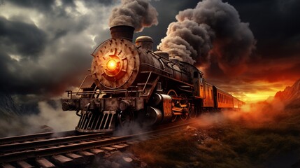 An ancient train engine in motion, with its exhaust forming a striking backdrop. - obrazy, fototapety, plakaty
