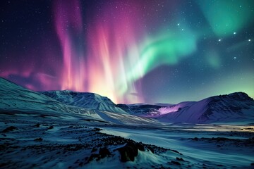 Aurora Borealis Over Snowy Mountain Landscape