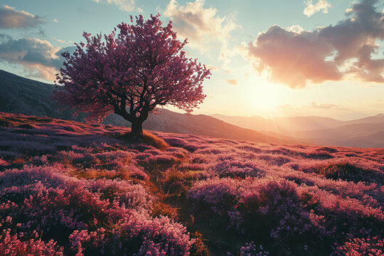 Love pink tree in the meadow of pink glass