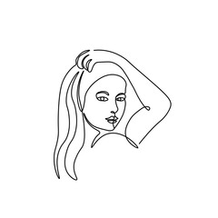   Beauty girl logo.
beautiful girl in one line. Profile of a beautiful girl   in a continuous line. A stroke of the pen. Linear style, graphics, minimalistic sketch drawn carelessly.