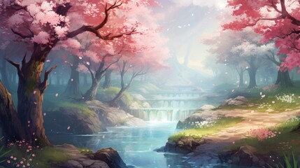 Serenity in nature with cherry blossoms and gentle river. Tranquil landscape and relaxation.