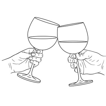 Clicking with wine or champagne glasses, vector linear illustration