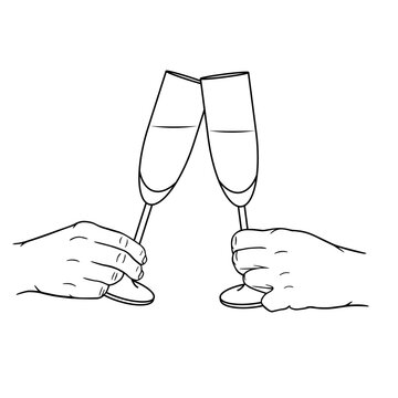 recommend clip art: Clicking with wine or champagne glasses, vector linear illustration