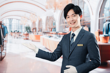 高級ブランド店で接客をする男性スタッフ
