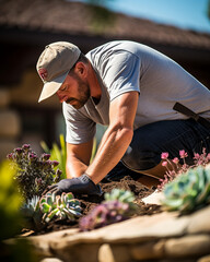A landscaper creating a drought-resistant garden for a homeowner, focusing on sustainable gardening