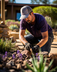 A landscaper creating a drought-resistant garden for a homeowner, focusing on sustainable gardening