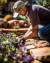 A landscaper creating a drought-resistant garden for a homeowner, focusing on sustainable gardening - obrazy, fototapety, plakaty