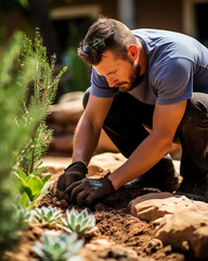 A landscaper creating a drought-resistant garden for a homeowner, focusing on sustainable gardening - obrazy, fototapety, plakaty