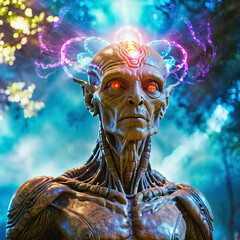  portrait of an ancien alien god with brown skin and red eyes using telepathy energy electromagnetic waveout of thris eye, generative AI - obrazy, fototapety, plakaty