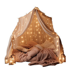 A Cozy Blanket Fort With Fairy Light Stars Valentines Day. Isolated on a Transparent Background. Cutout PNG.
