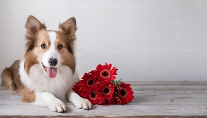 dog with red flower bouquet close-up, 16:9 widescreen wallpaper / backdrop