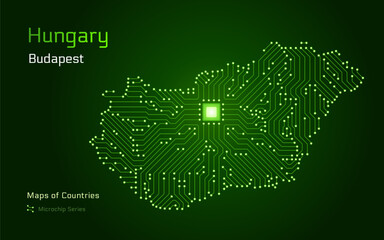 Hungary Map with a capital of Budapest Shown in a Microchip Pattern with processor. E-government. World Countries vector maps. Microchip Series	
